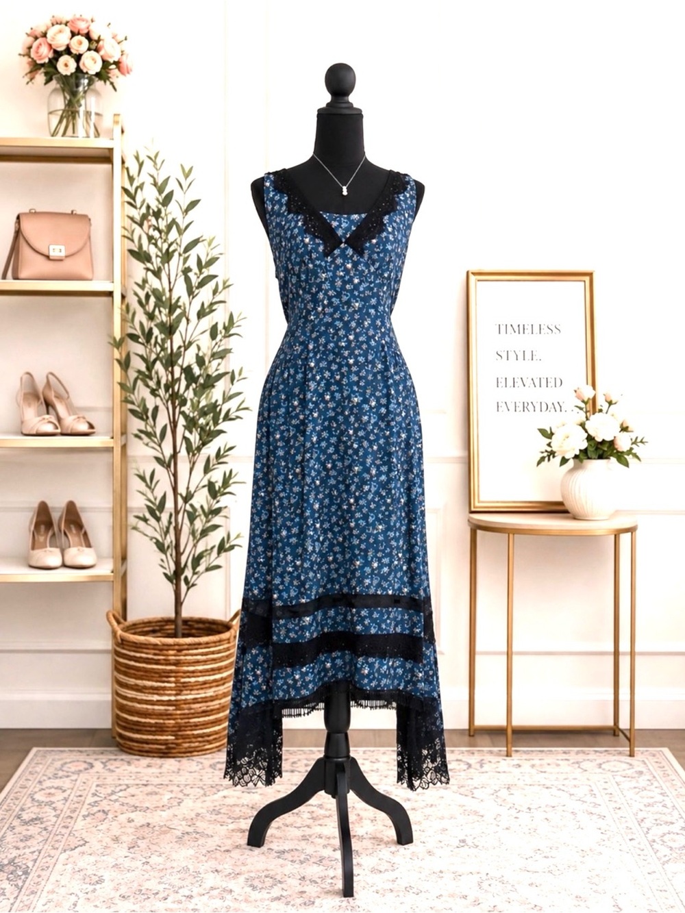 Floral Print Tie Back Lingerie Dress w/Lace & Beaded Trim/Designer Coat Hanger